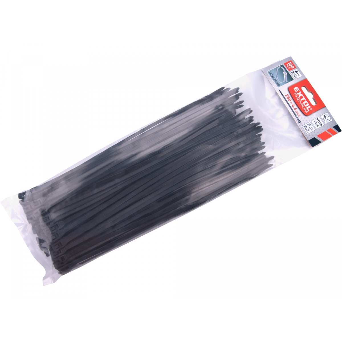EXTOL PREMIUM Pásky stahovací na kabely EXTRA, černé, 280x4,6mm, 100ks, nylon PA66