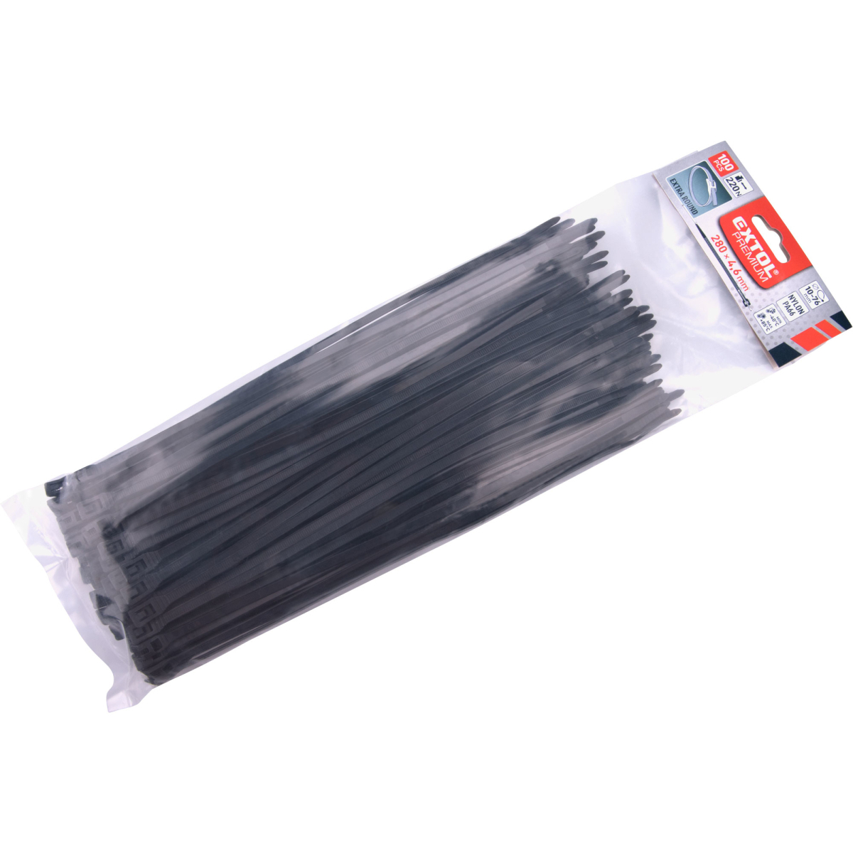 Levně Pásky stahovací na kabely EXTRA, černé, 280x4,6mm, 100ks, nylon PA66 8856234