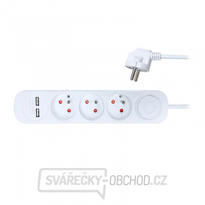 Solight prodlužovací přívod, 3 zásuvky, USB 2.4A, bílý, 3 x 1mm2, vypínač, 2m