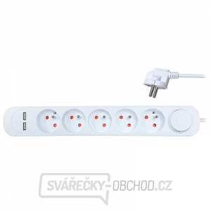 Solight prodlužovací přívod, 5 zásuvek, USB 2.4A, bílý, 3 x 1mm2, vypínač, 2m