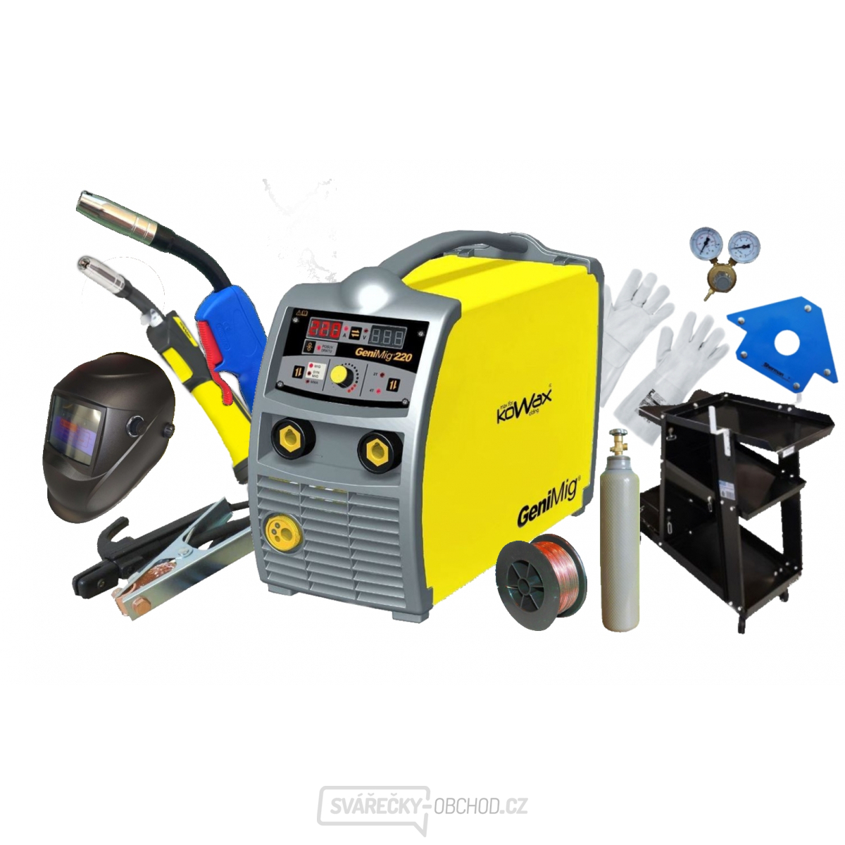 KOWAX GeniMig 220 MIG/MAG,MMA + Hořák Ultra 4m + Kabely + Ventil + Kukla + Vozík + Drát + Magnet + Rukavice + Plná Láhev