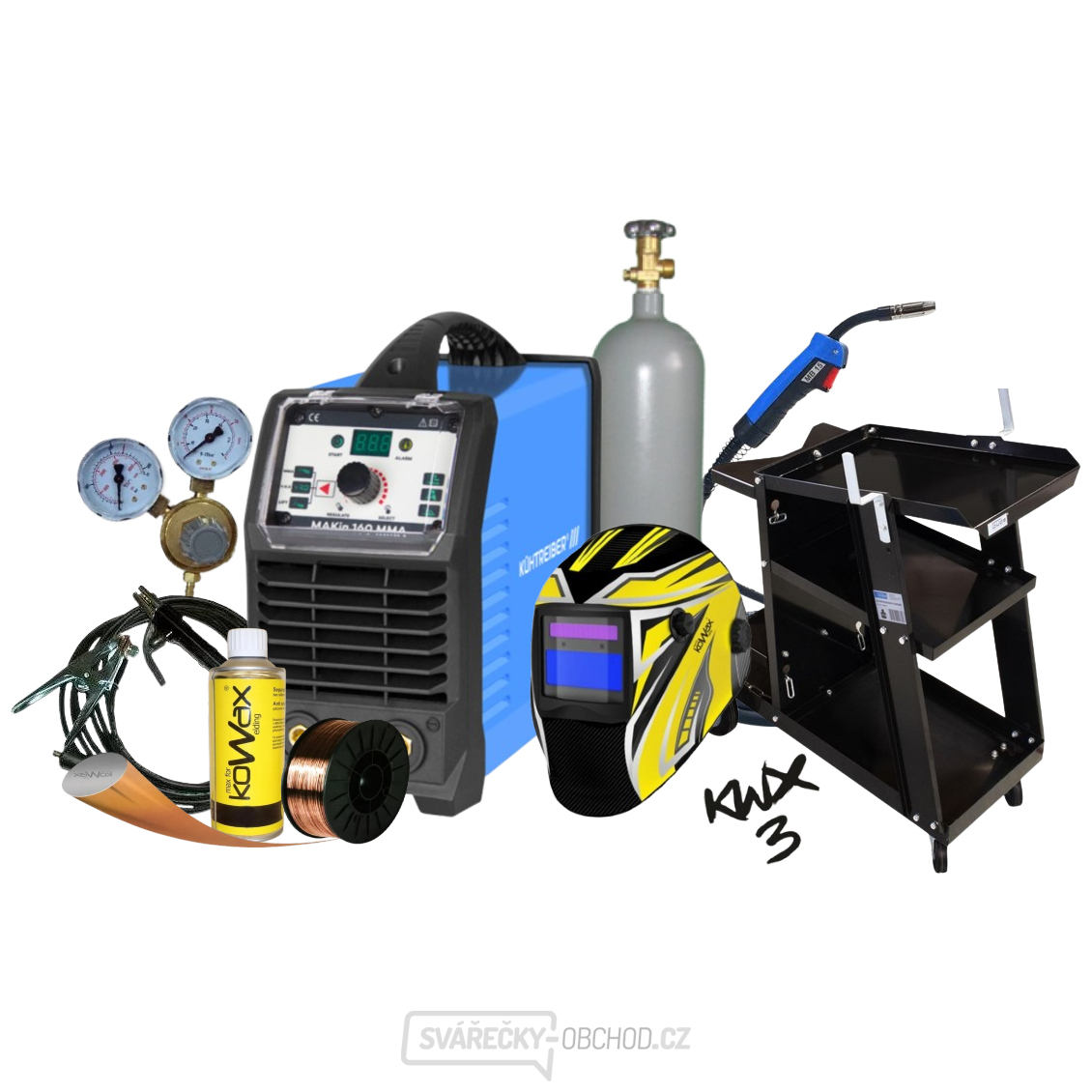 Invertor MAKIN 200 Multi MIG LCD PFC + Hořák 4m + Kukla + plná láhev + vozík + ventil + drát + sep. sprej + kabely