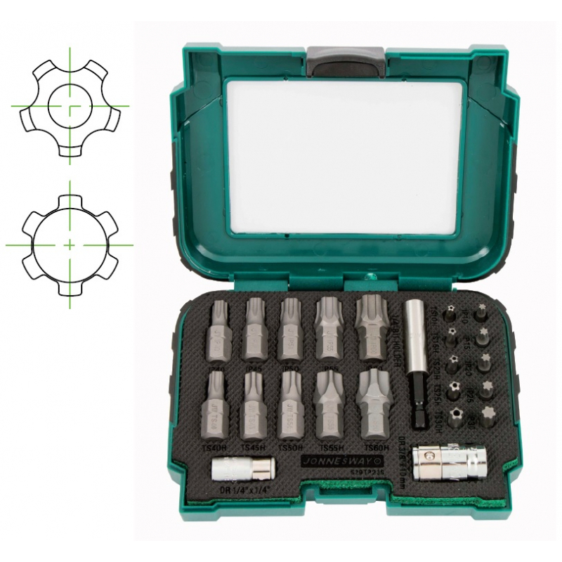Sada bitů 1/4", TORX pěticípý s otvorem a TORX-plus IP, 23 dílů - JONNESWAY S29TP23S S29TP23S