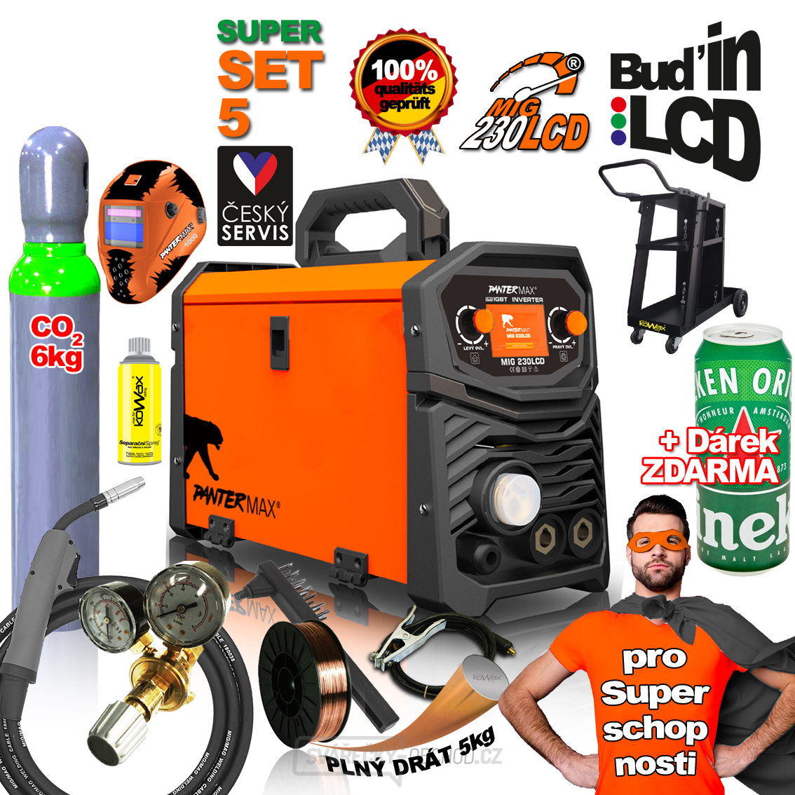 PANTERMAX MIG230LCD invertorová svářečka MIG/TIG/MMA + Kukla + Red. Ventil + Drát 5kg + plná Co2 Láhev + Podvozek + Hořá