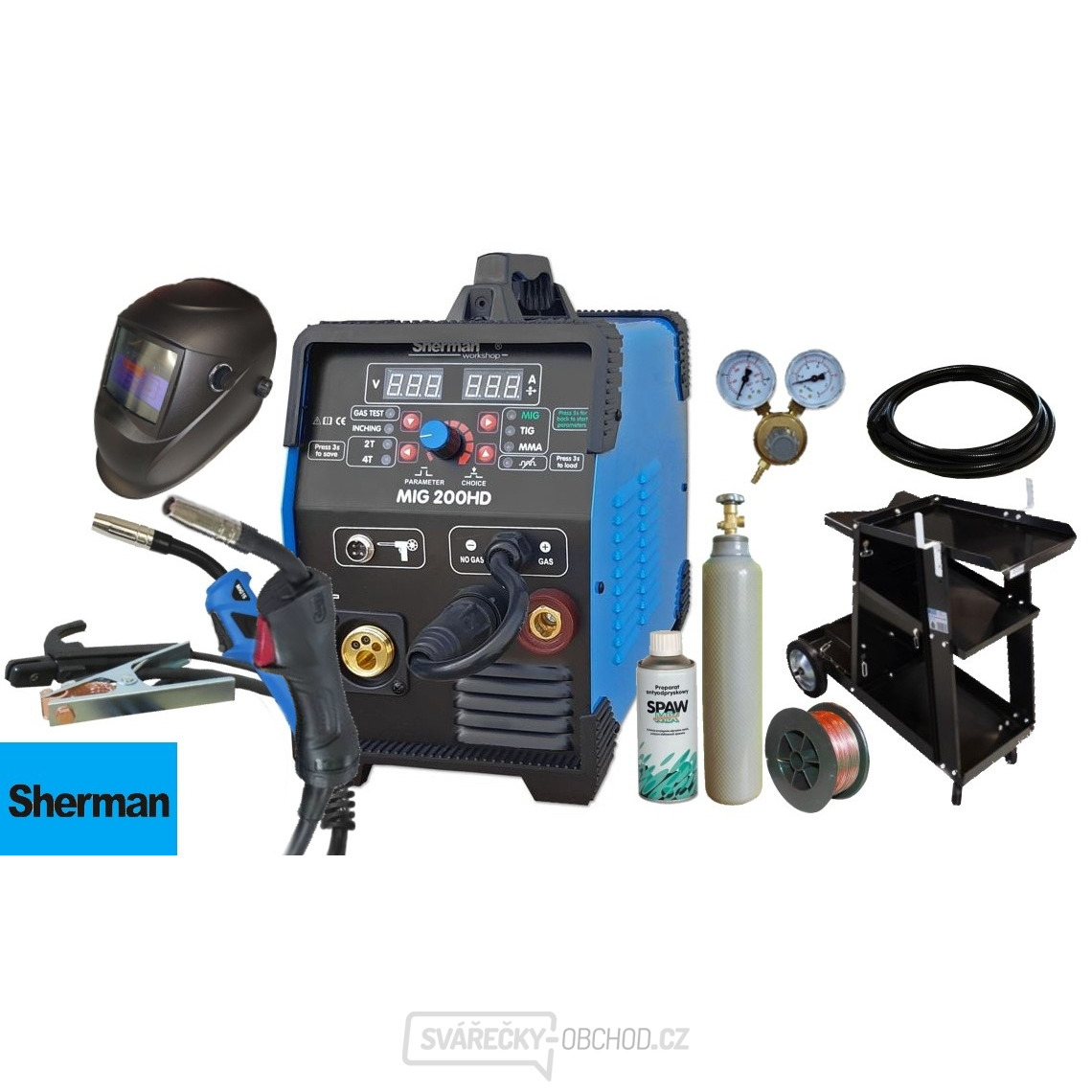 Sherman MIG 200 HD + Kabely + Hořák 3m + Hořák 4m + Drát + Sprej + Kukla + Vozík + Ventil + plná Lahev CO2