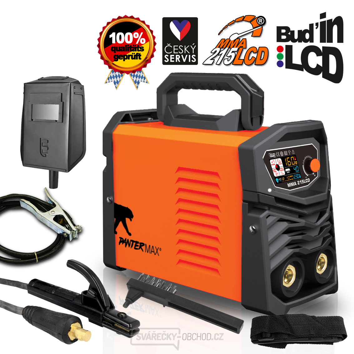 PANTERMAX MMA215LCD  invertorová svářečka MMA/TIG + Kabely + Kartáč + Popruh