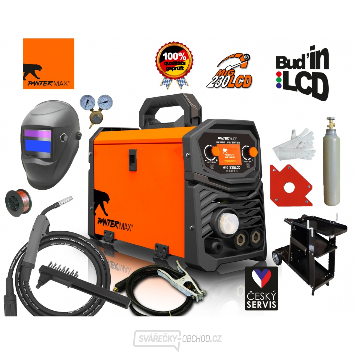PANTERMAX® MIG230LCD Svař. invertor MIG/MMA/TIG + Kabely + Hořák + Kukla + Ventil + Vozík + Drát + Magnet + plná Láhev CO2