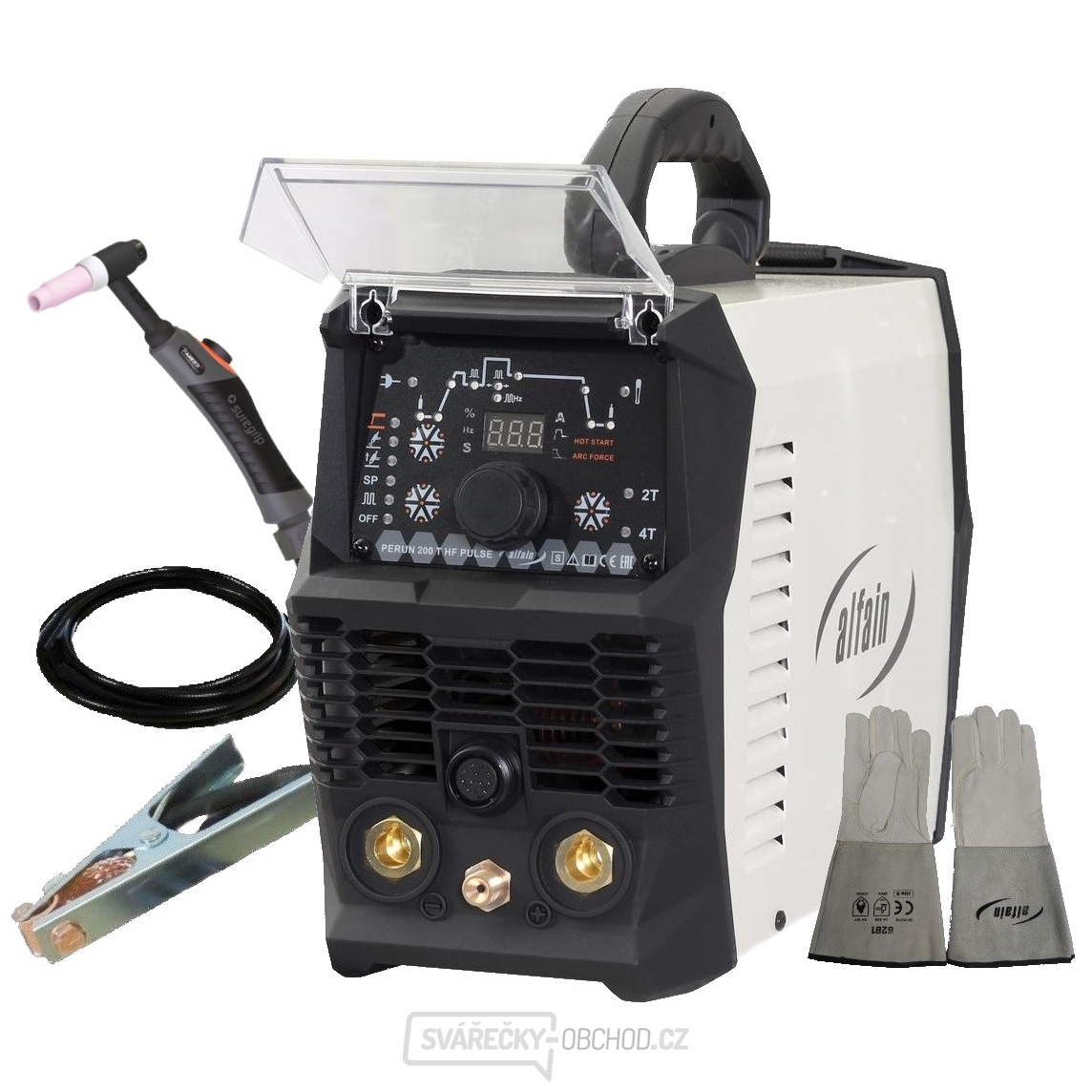 PERUN 200 T HF PULSE + Hořák PARKER SGT 17 4m ST  + Sada vybavení + Zemnící kabel + Plyn. hadice + Rukavice