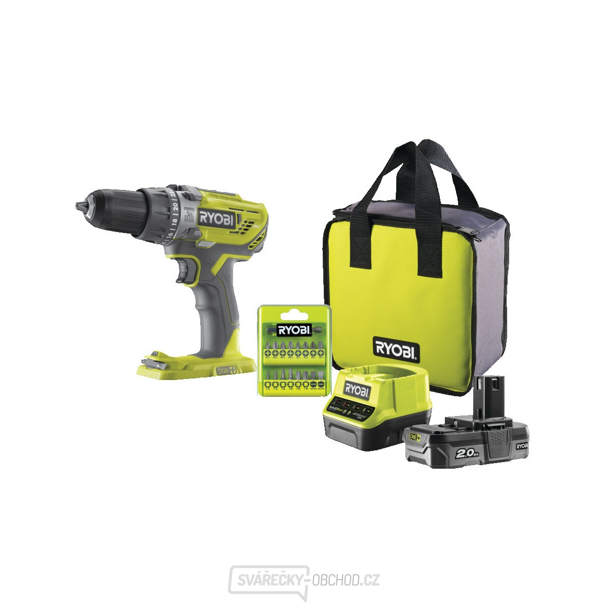 Ryobi R18PD3-120SA17 aku 18V příklepová vrtačka / šroubovák + 1x 2Ah baterie + nabíječka + taška + sada bitů ONE+