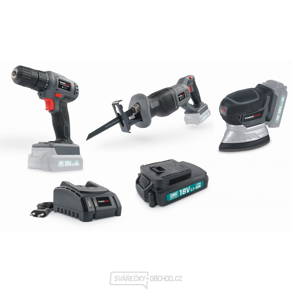 POWERPLUS POWEBSET20 - SET Aku vrtačky, ocasové pily, delta brusky, baterie 1,5Ah a nabíječky