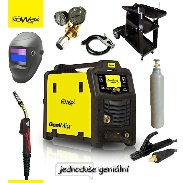 KOWAX GeniMig 240DP LCD + Hořák 4m + kabely 3m + ventil + kukla + vozík + láhev