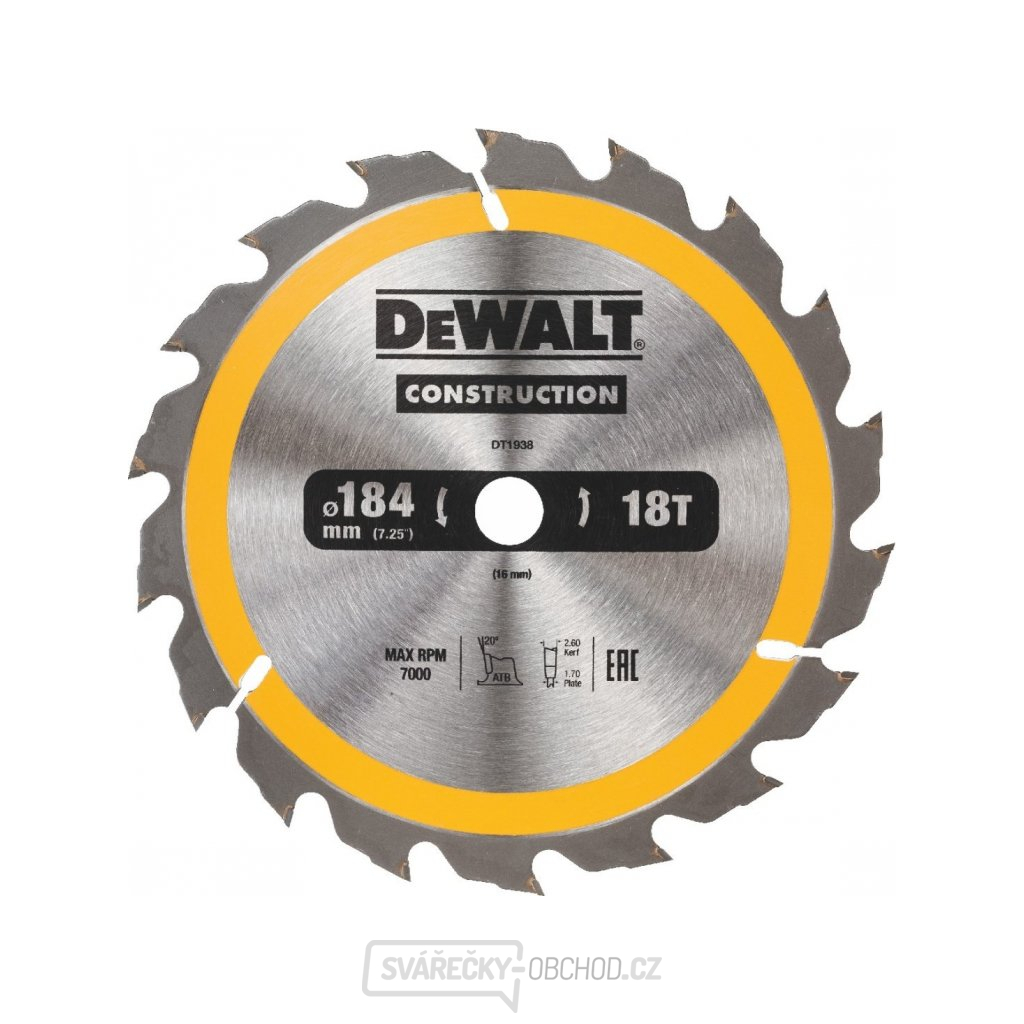 Dewalt pilový kotouč 184x16mm 18 Zubů atb 20° pro rychlý podelný řez Dewalt pilový kotouč 184x16mm 18 Zubů atb 20° pro rychlý podelný řez gallery main image
