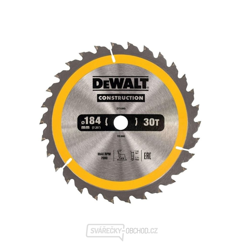 Dewalt Pilový kotouč pro kot. pily 184x16mm 30 zubů ATB 10° univerzální řez šířka 1.7mm Dewalt Pilový kotouč pro kot. pily 184x16mm 30 zubů ATB 10° univerzální řez šířka 1.7mm gallery main image