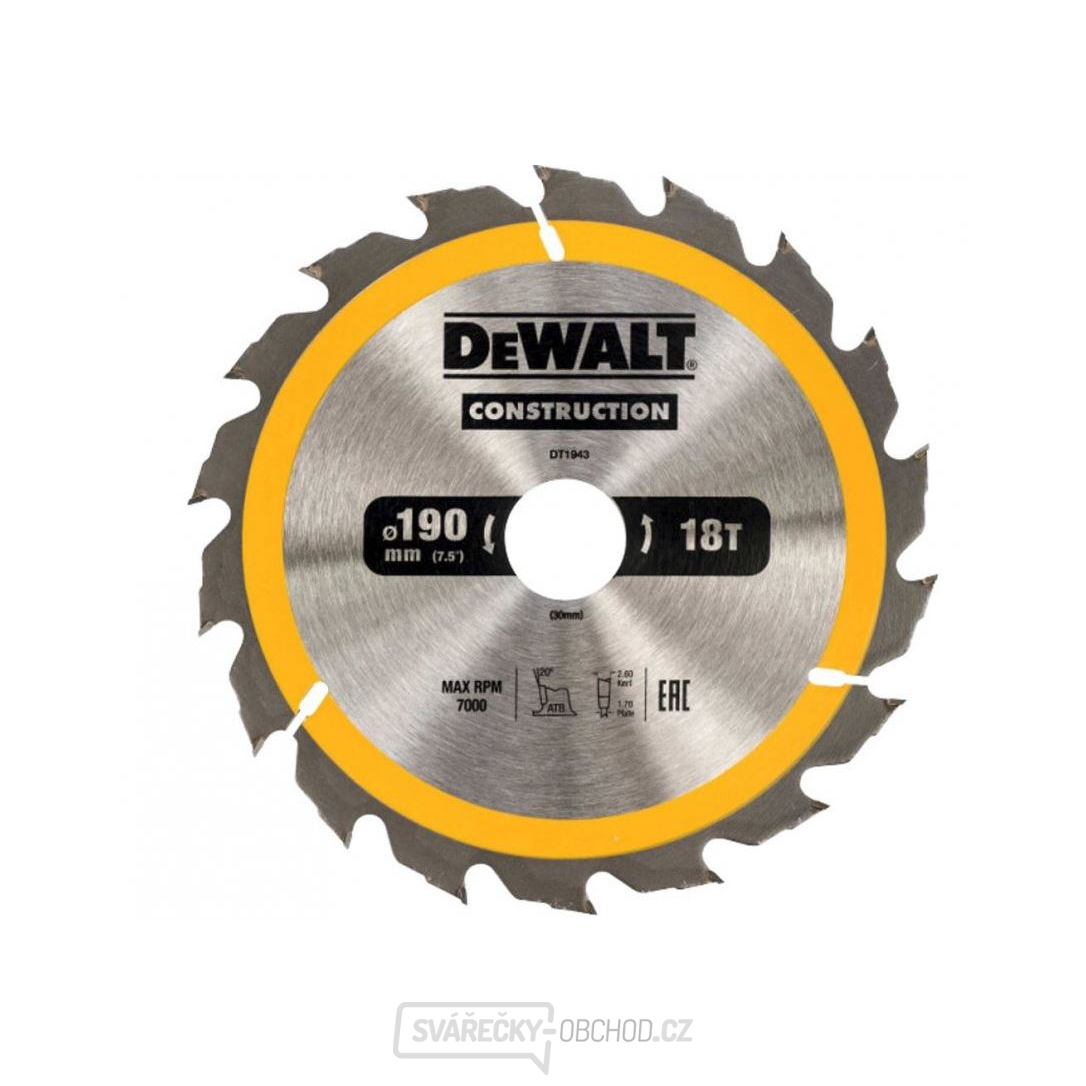 Dewalt pilový kotouč pro kot. pily 190x30mm 18 zubů ATB 20° rychlý podélný řez šířka 1.7mm Dewalt pilový kotouč pro kot. pily 190x30mm 18 zubů ATB 20° rychlý podélný řez šířka 1.7mm gallery main image