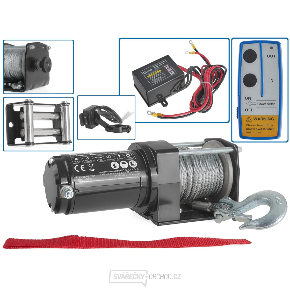 Elektrický lanový naviják 900 W/12 V, max zatížení 1,36 t, pro čtyřkolky - GEKO