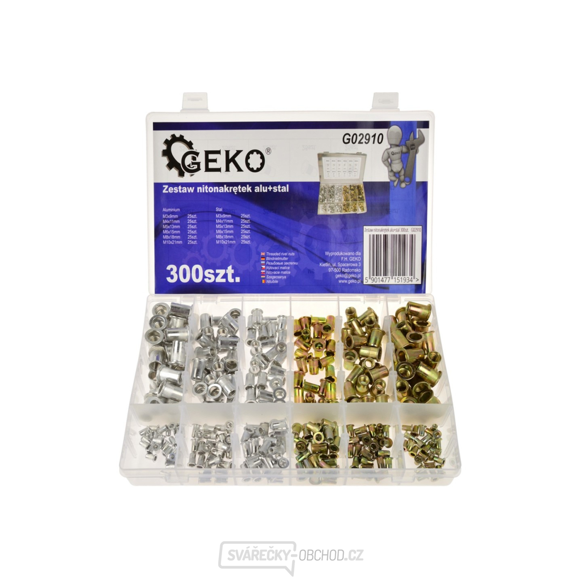 GEKO Maticové nýty - nýtovací matice, M3 - M10, plochá hlava, ocel a hliník, sada 300 ks