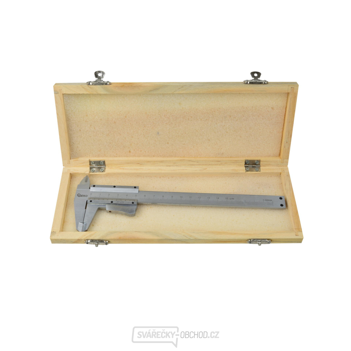 GEKO Měřítko posuvné kovové, 0-150mm x 0,02, dřevěná krabička