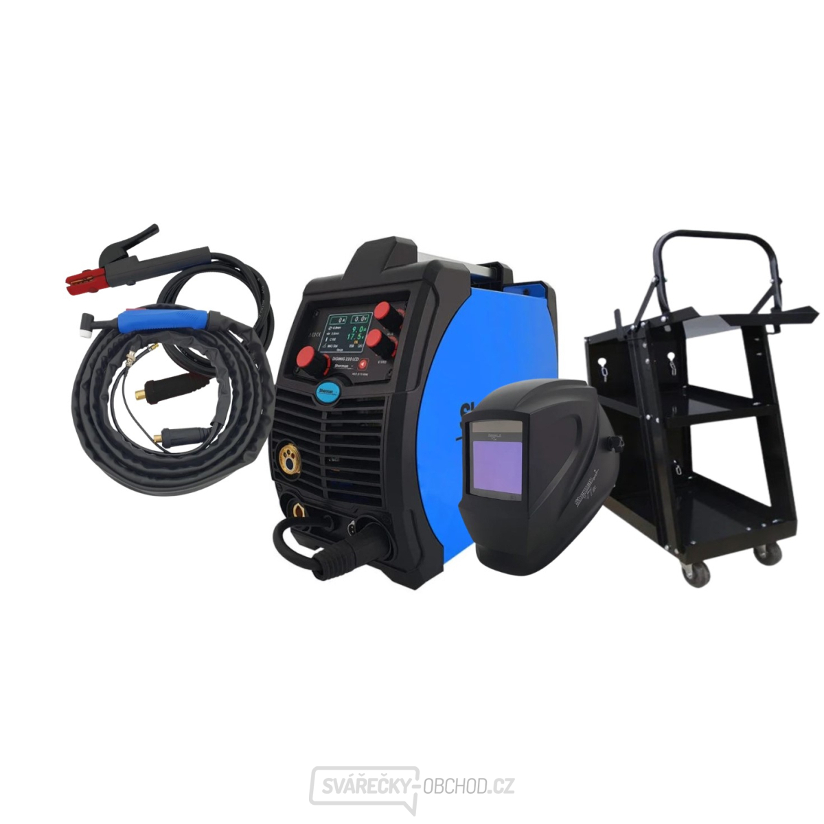 Sherman Synergická invertorová svářečka DIGIMIG 220 LCD + TIG Hořák + MIG Hořák + Kabely + Kukla V7A + Vozík