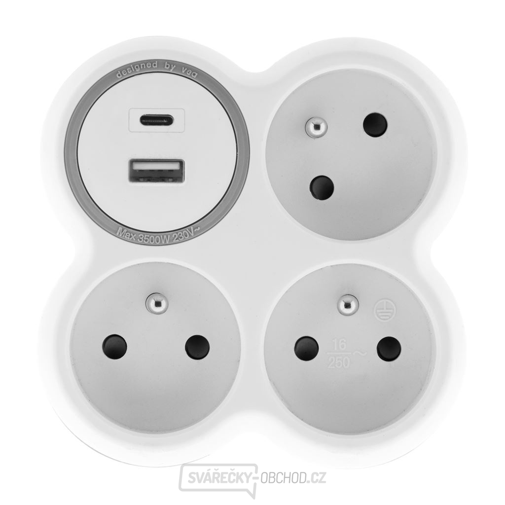Solight rozbočka, 3x 16A, USB nabíječka A+C, bílá-šedá