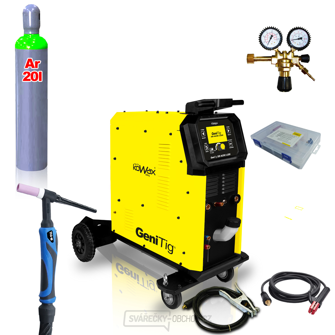 KOWAX GeniTig®320 AC/DC LCD5 + Hořák TIG18 + Podvozek + Chladič + Redukční ventil + plná Tlaková láhev Argon