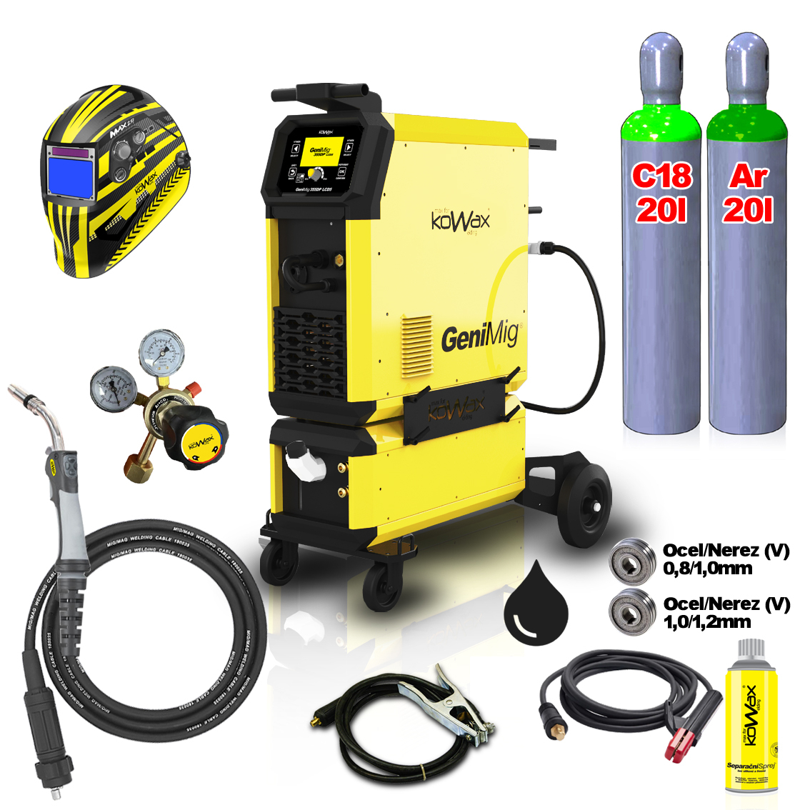 KOWAX GeniMig355DP LCD5 + Vodní chlazení + Kukla + Hořák + plná Láhev Co2 + Láhev Argon KWXSTGM355DP_S04Q
