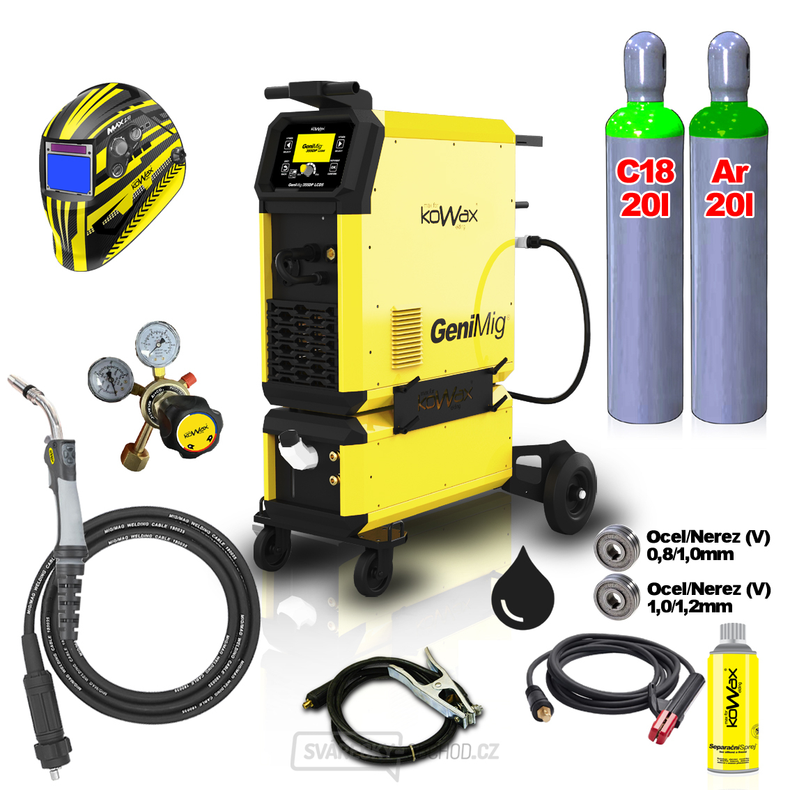 KOWAX GeniMig®355DP LCD5 + Vodní chlazení + Kukla + Hořák + plná Láhev Co2 + Láhev Argon 