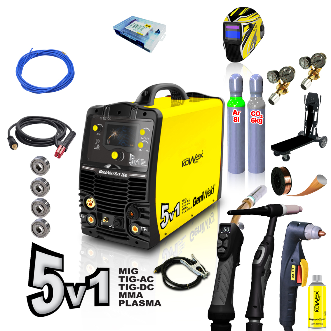 KOWAX GeniWeld5v1 200 + kukla PANTER + redukční ventil CO2 + redukční ventil Ar+CO2 + plná tlak.lahev CO2 8l KWXSTGW5IN1_S02