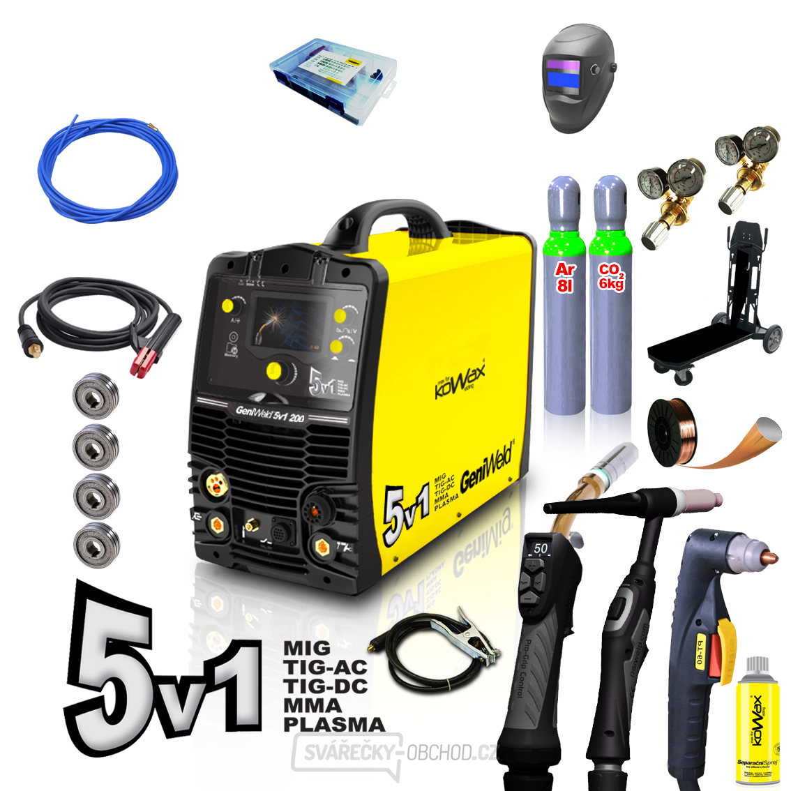KOWAX GeniWeld®5v1 200 + kukla PANTER + redukční ventil CO2 + redukční ventil Ar+CO2 + plná tlak.lahev CO2 8l 