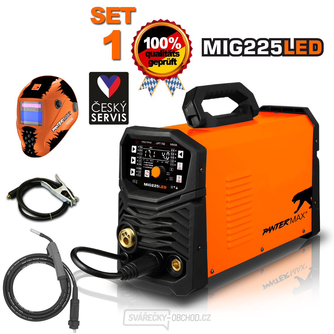 PANTERMAX MIG225LED invertorová svářečka MIG/TIG/MMA + Kabely 3m + Kukla + Hořák