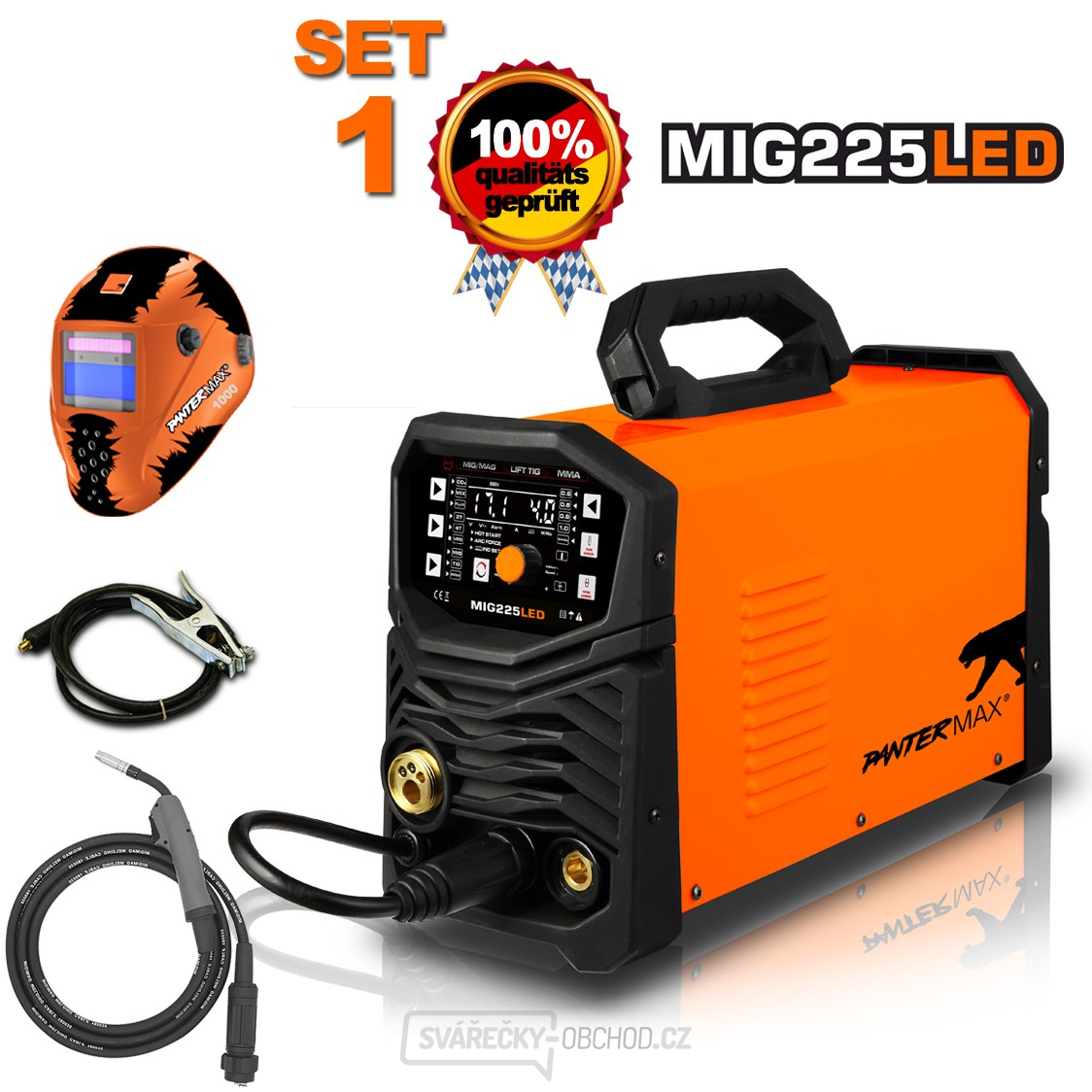 PANTERMAX MIG225LED invertorová svářečka MIG/TIG/MMA + Kabely 3m + Kukla + Hořák