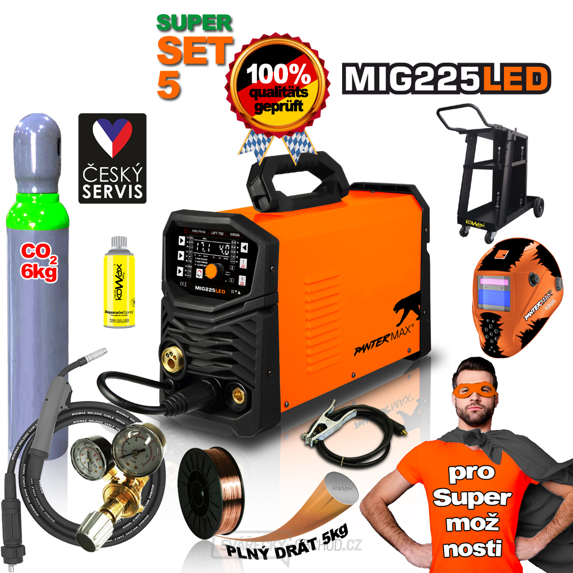 PANTERMAX MIG225LED invertorová svářečka MIG/TIG/MMA + Kukla + Kabely + Hořák + plná Co2 láhev + Red. Ventil + Podvozek 