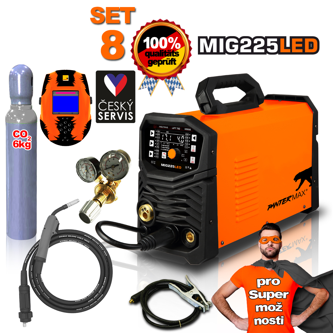 PANTERMAX MIG225LED invertorová svářečka MIG/TIG/MMA + Kabely 3m + Hořák + Kukla + plná Co2 láhev + Red. ventil PMMIG225LED_S08