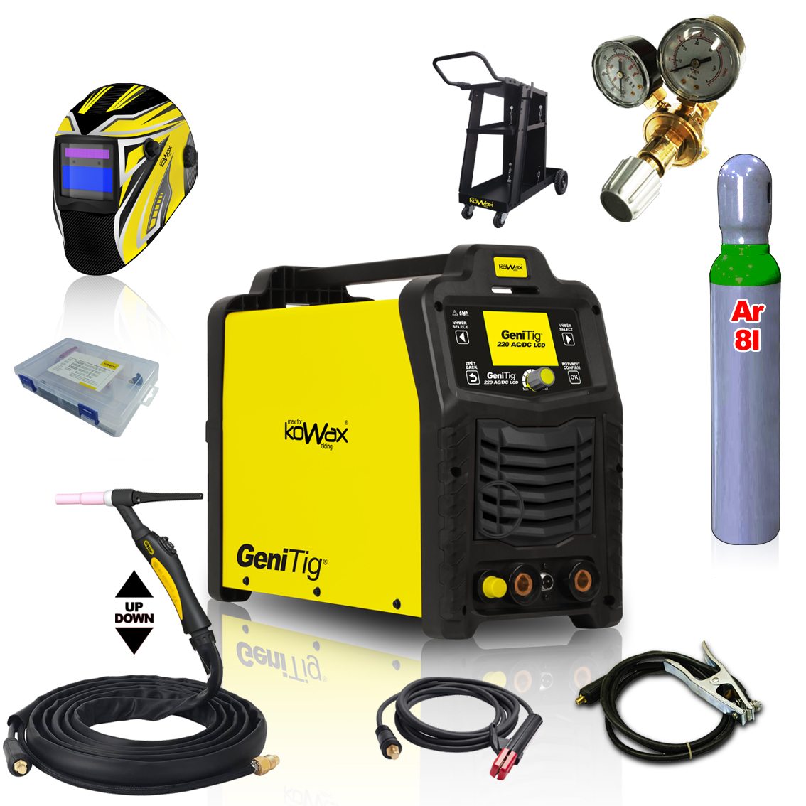 KOWAX GeniTig 220AC/DC LCD+hořák T26A 4m+kab. 3m+hadice+kukla+Ventil+ plná Lahev AR + Podvozek KWXSTGT220ACDC_S06