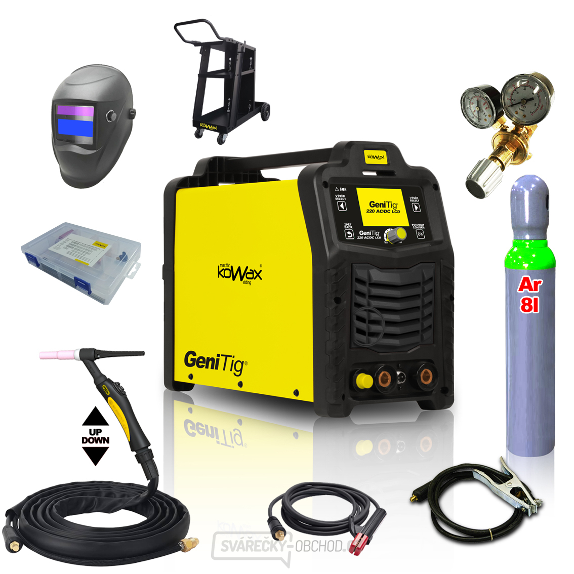 KOWAX GeniTig® 220AC/DC LCD+hořák T26A 4m+kab. 3m+hadice+kukla+Ventil+ plná Lahev AR + Podvozek