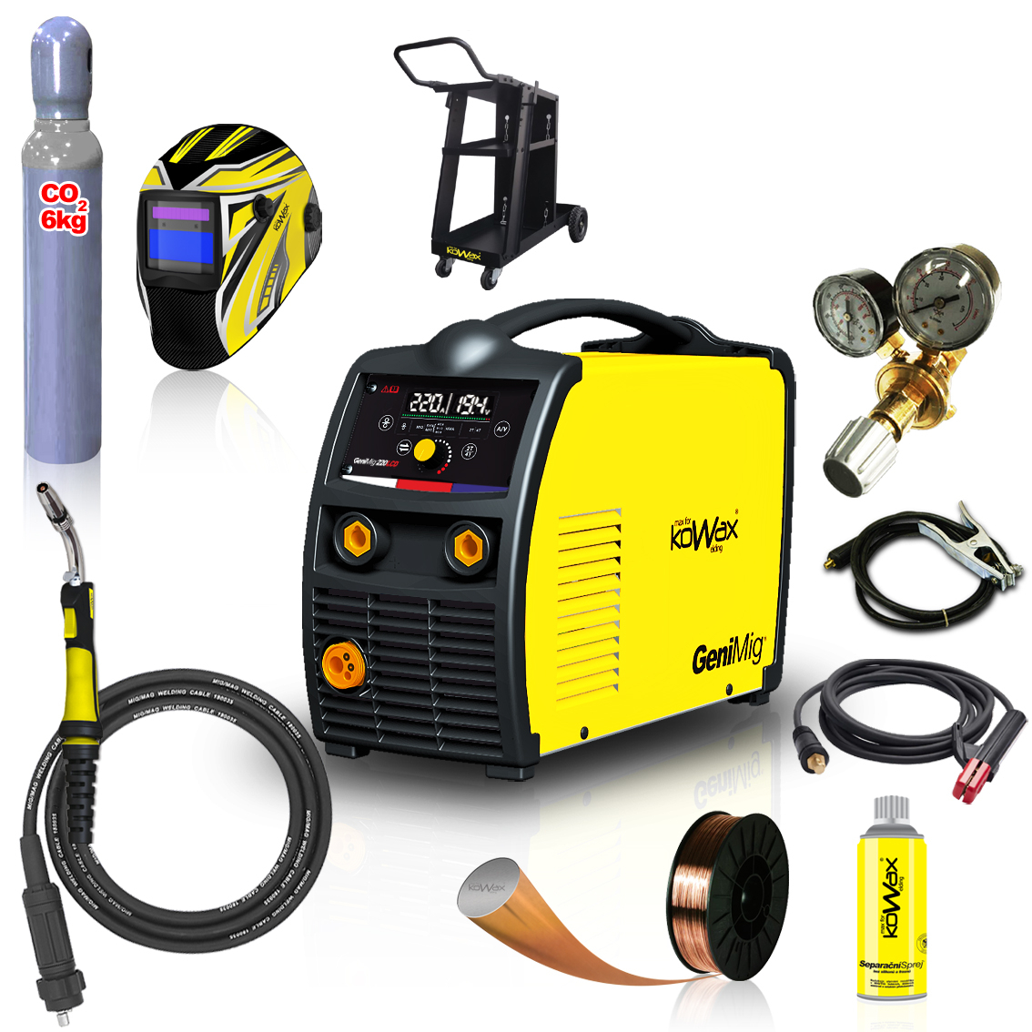 Kowax Genimig 220 LCD + Hořák + Kabely + Red. Ventil + Kukla + Drát + Sprej + Vozík + Láhev Co2 KWXSTGM220LCD_S04