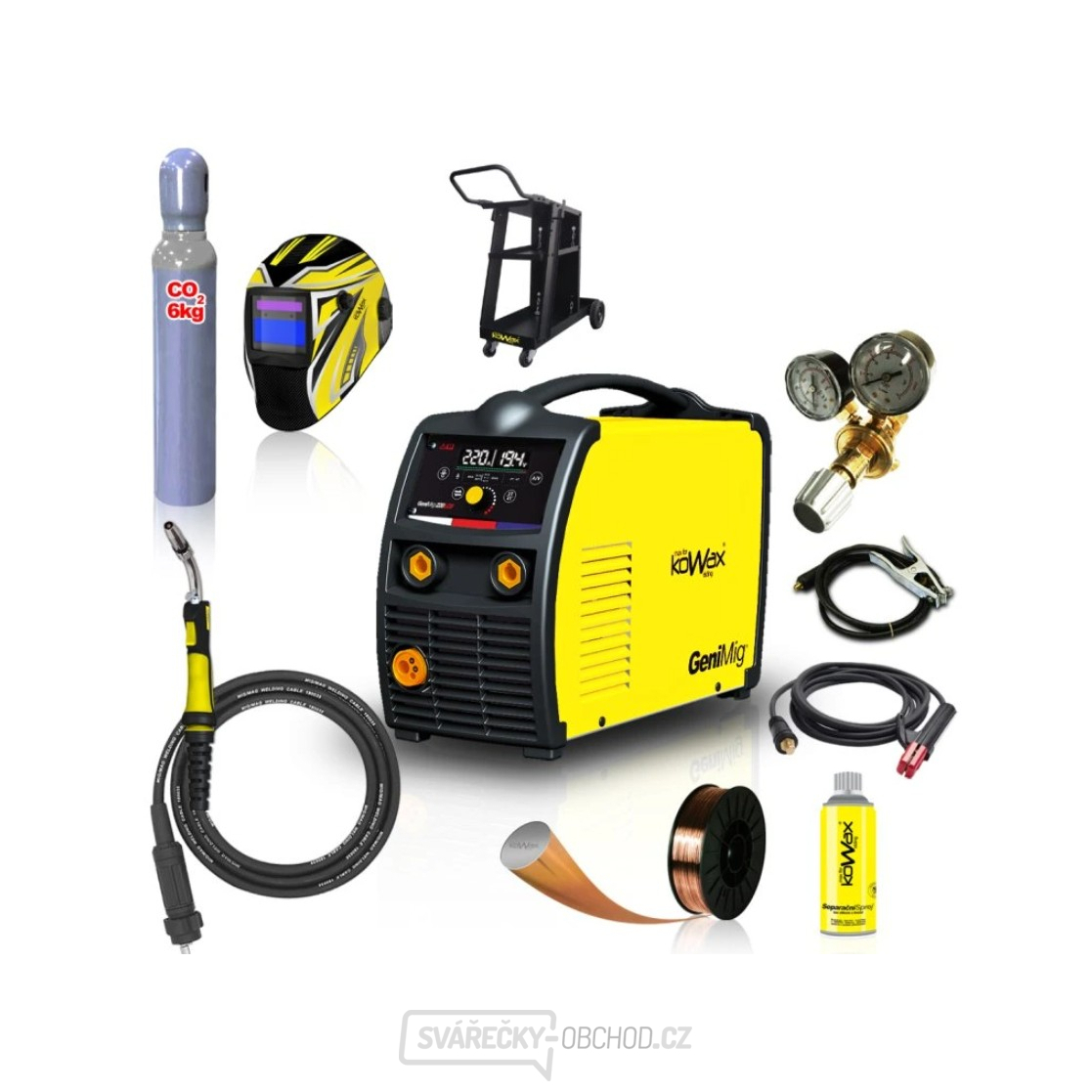 Kowax Genimig 220 LCD + Hořák + Kabely + Red. Ventil + Kukla + Drát + Sprej + Vozík + Láhev Co2