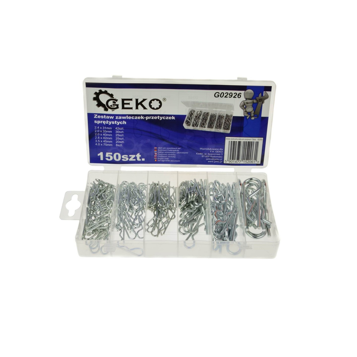 Pružinové závlačky, sada 150 ks, 6 rozměrů GEKO G02926