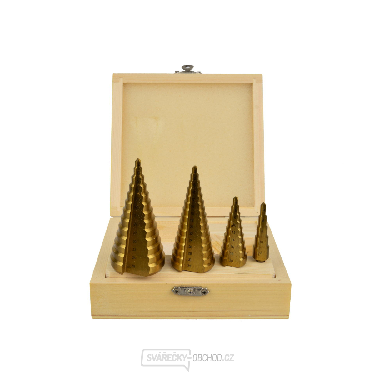 Vrtáky stupňovté GEKO, sada 4ks, 4-12mm, 4-20mm, 4-32mm, 4-39mm, dřevěná kazeta, TiN