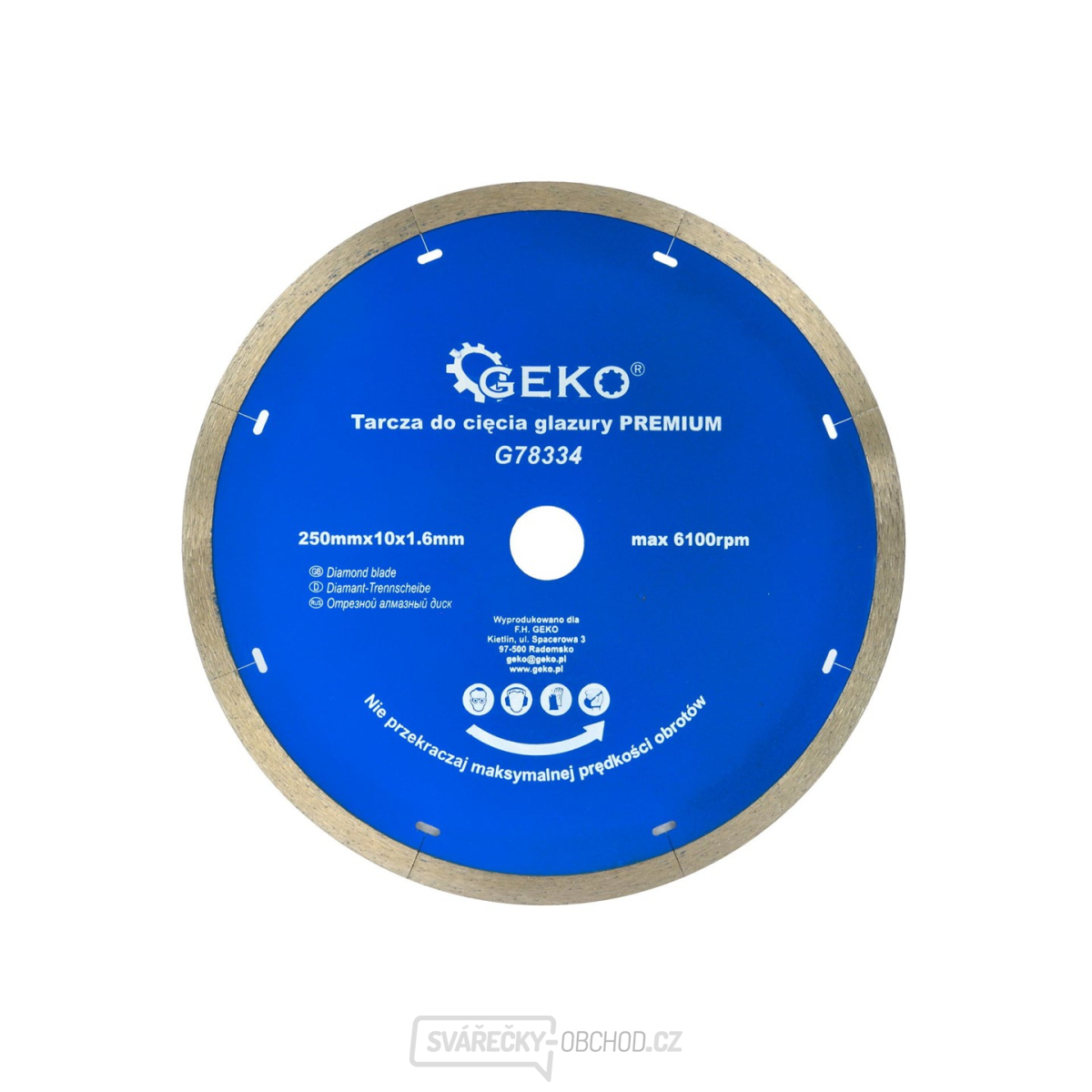 Kotouč diamantový řezný celoobvodový GEKO 250x10x22,2mm