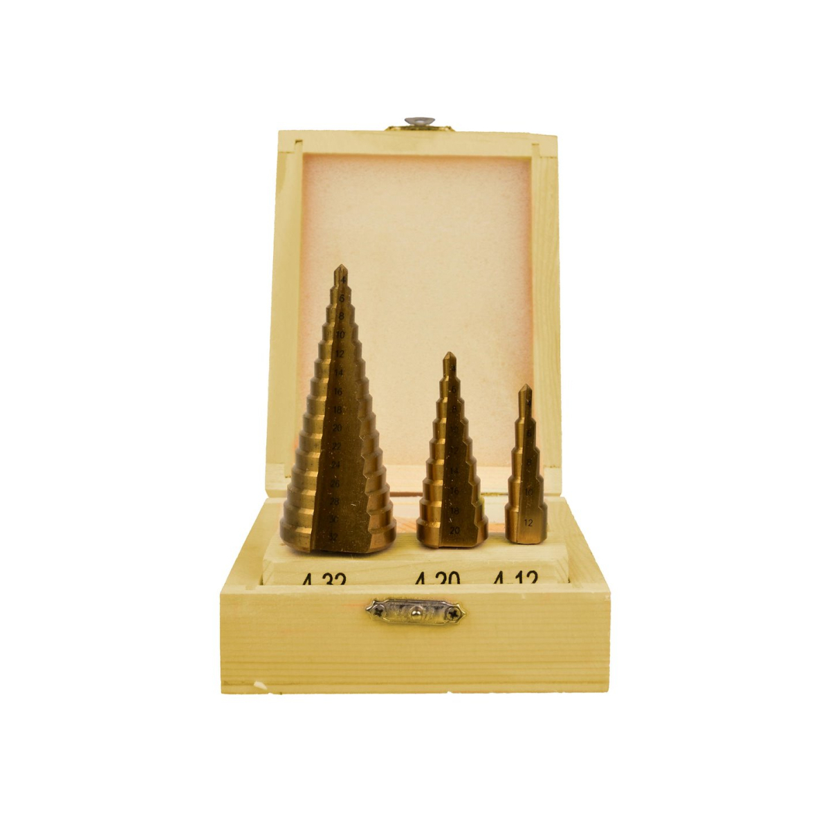 Levně Vrtáky stupňovté GEKO, sada 3ks, 4-12mm, 4-20mm, 4-32mm, dřevěná kazeta, TiN G38502