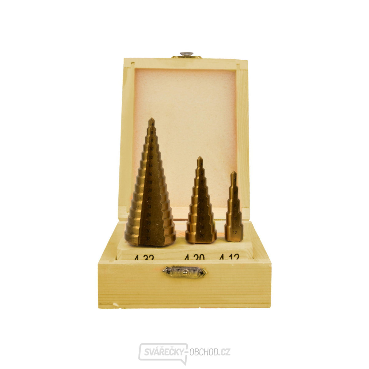 Vrtáky stupňovté GEKO, sada 3ks, 4-12mm, 4-20mm, 4-32mm, dřevěná kazeta, TiN 