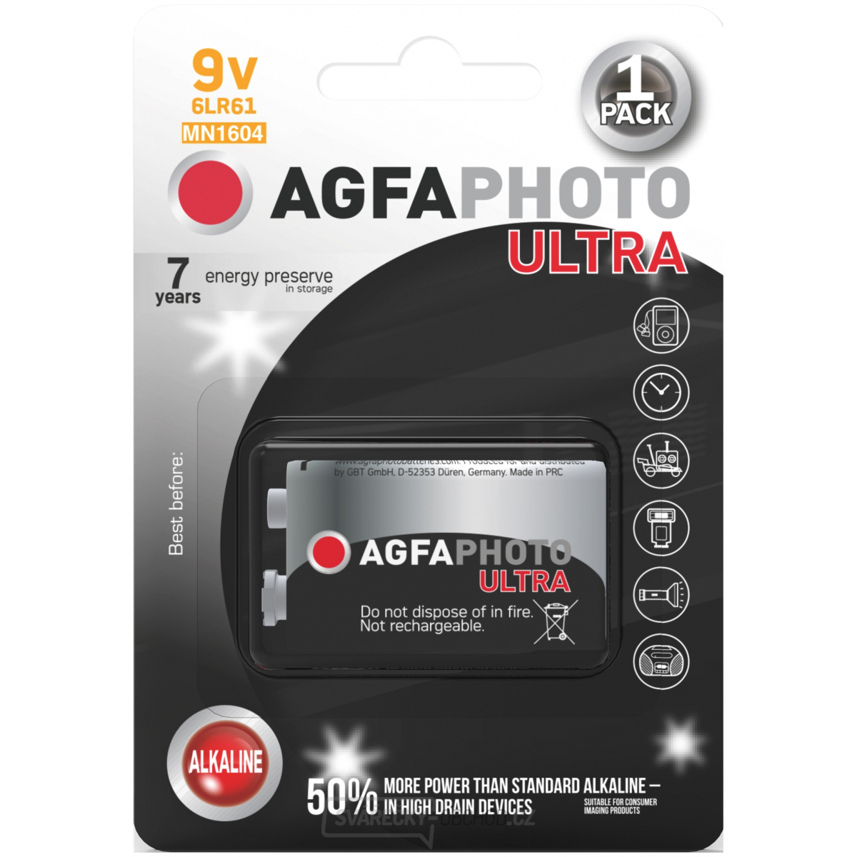 AgfaPhoto Ultra alkalická baterie 9V, blistr 1ks gallery main image