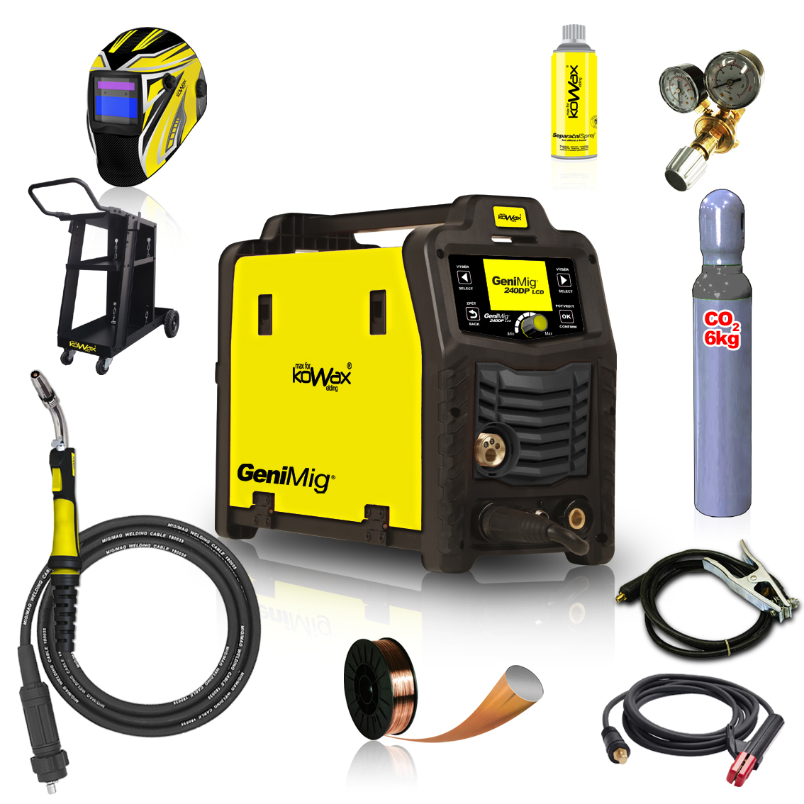 Levně KOWAX GeniMig240DP LCD + Hořák + Kukla + Ventil + Podvozek + Plná Co2 Láhev + Sprej + 5kg drát + Kabely KWXSTGM240DP_S04A