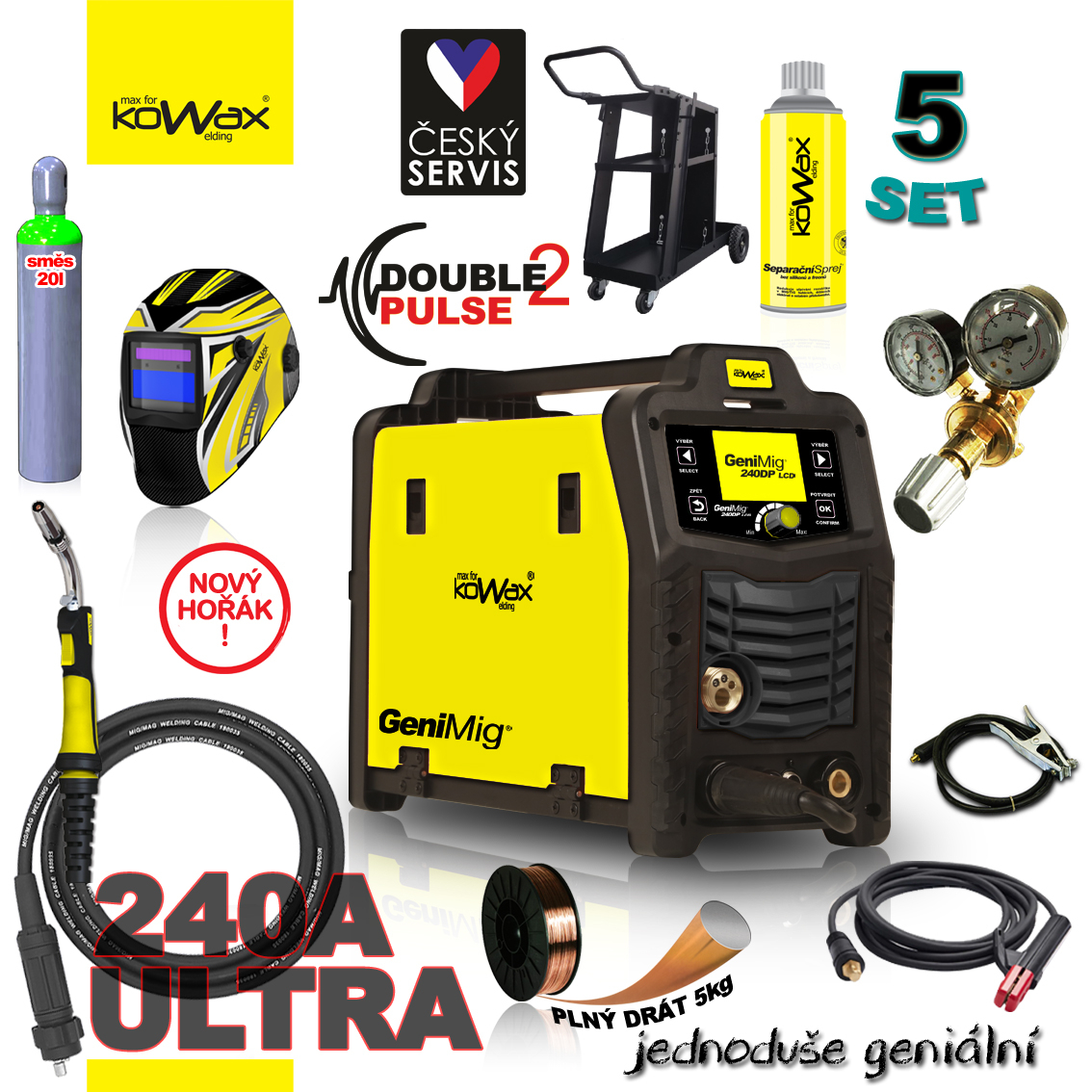 Levně KOWAX GeniMig240DP LCD + Hořák + Kukla + Ventil + Podvozek + plná Mix Láhev 20l + Sprej + 5kg Drát + Kabely KWXSTGM240DP_S05A