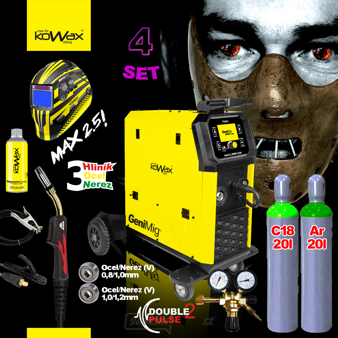 KOWAX GeniMig®350DP LCD5 SET 4 + plná Co2 Láhev + plná Argon Láhev + Ventil + Sprej + Hořák + Kabely