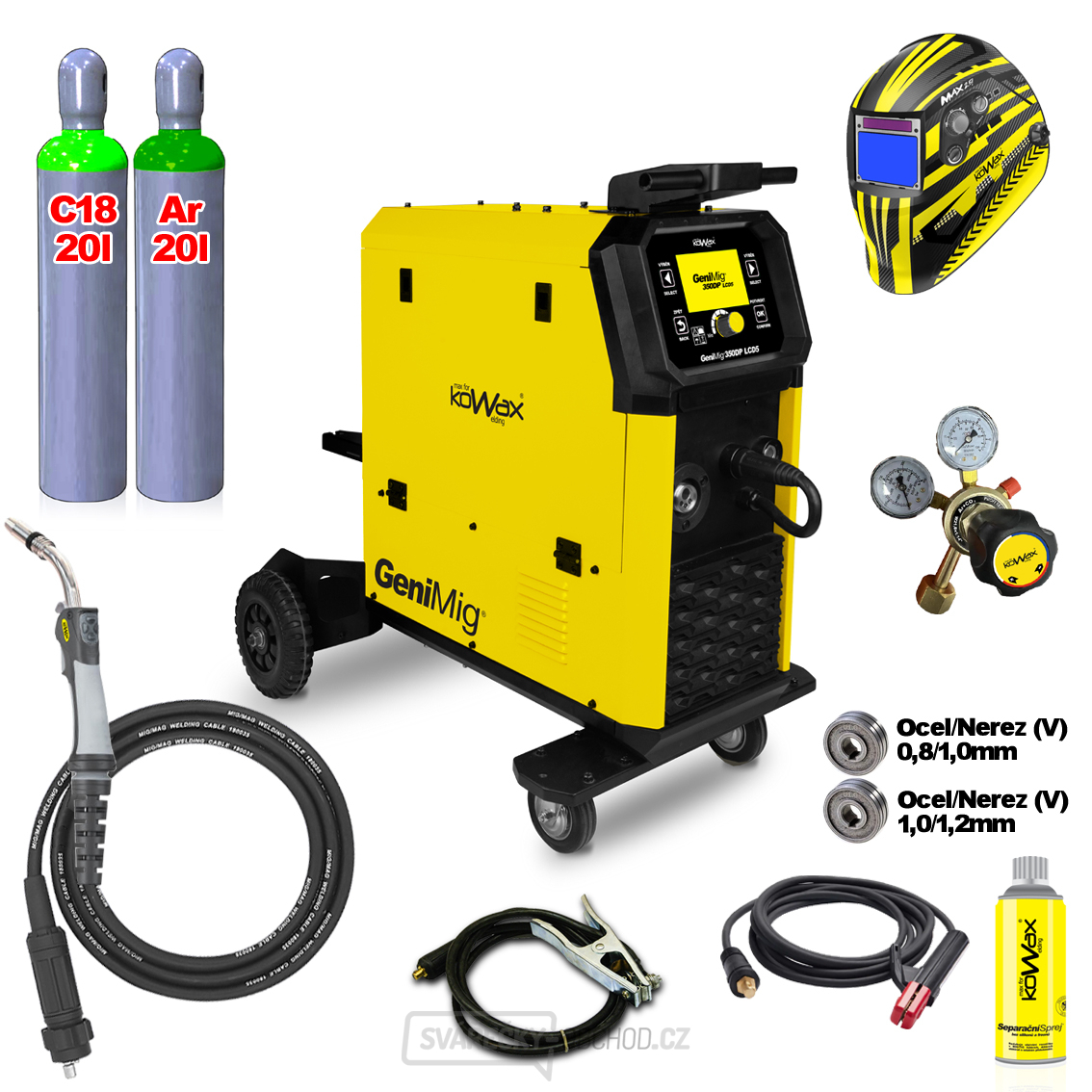 KOWAX GeniMig®350DP LCD5 + plná Argon Láhev + Co2 Láhev + Ventil + Sprej + Hořák + Kabely