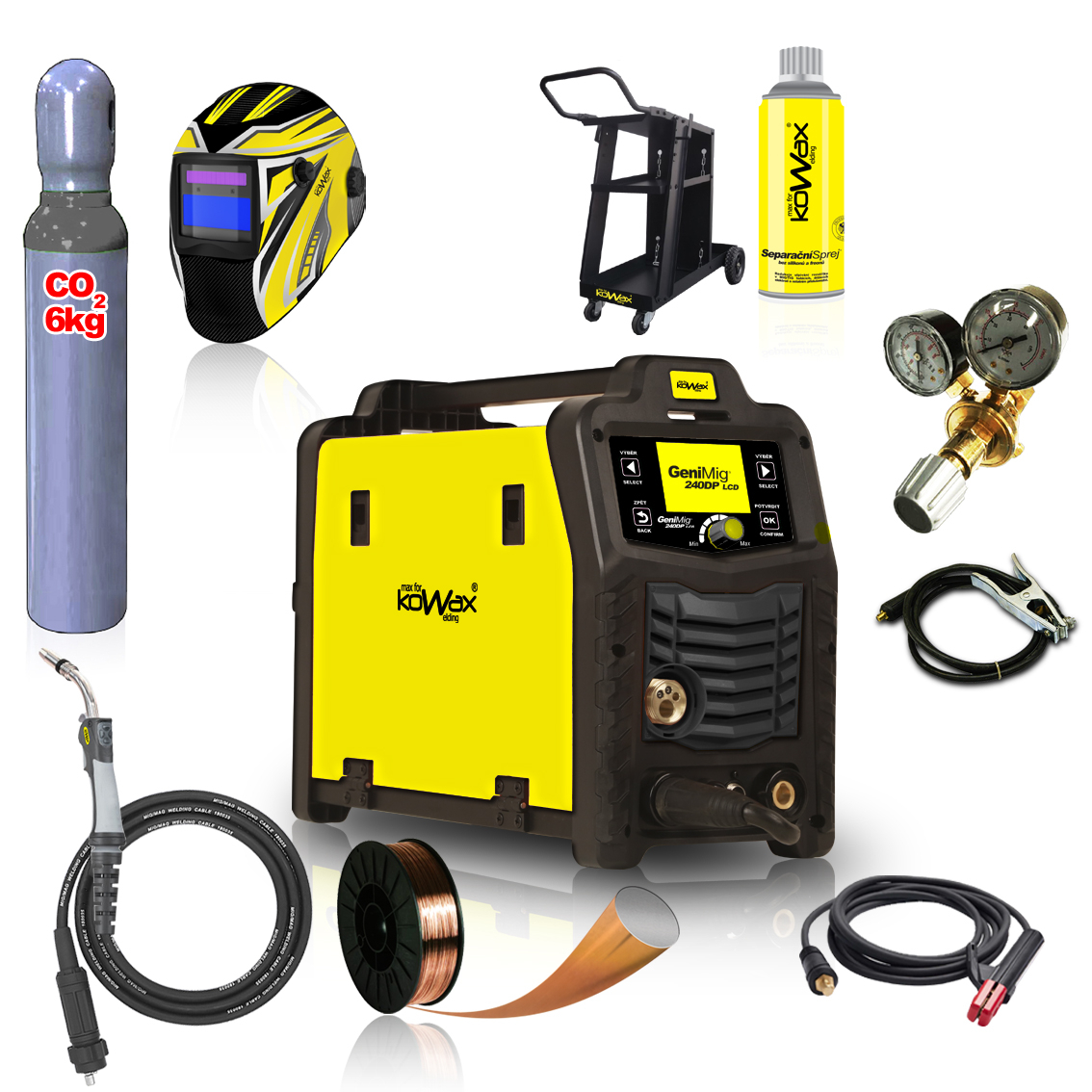 KOWAX GeniMig240DP LCD + Hořák + Kukla + Ventil + Podvozek + plná Láhev Co2 + Sprej + 5Kg Drát + Kabely KWXSTGM240DP_S04Q
