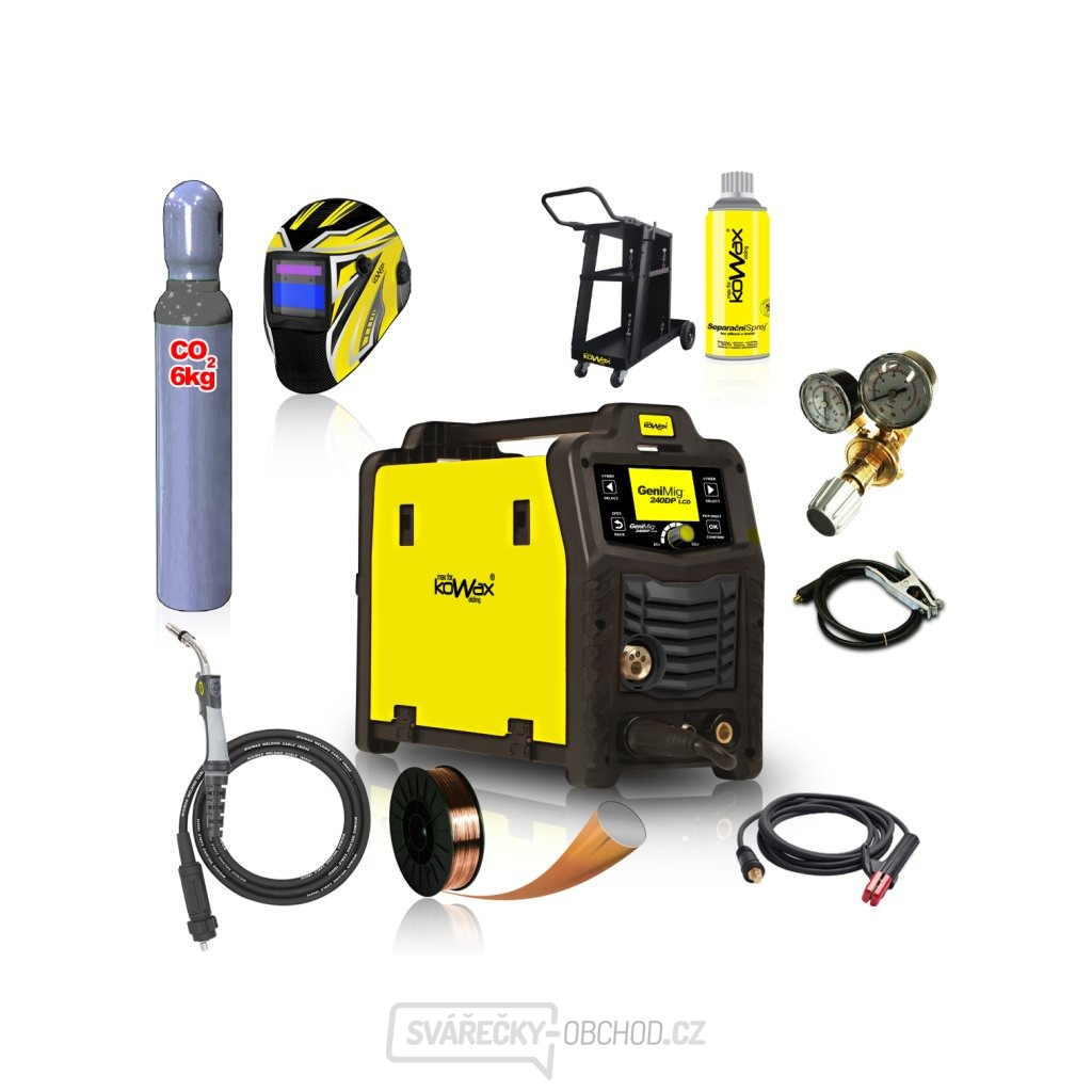 KOWAX GeniMig®240DP LCD + Hořák + Kukla + Ventil + Podvozek + plná Láhev Co2 + Sprej + 5Kg Drát + Kabely