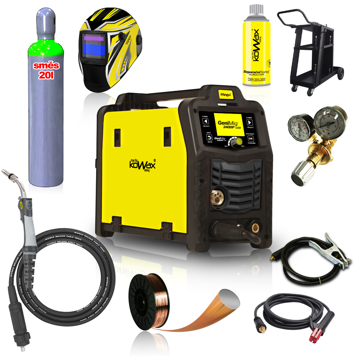 KOWAX GeniMig240DP LCD + Hořák + Kukla + Ventil + Podvozek + Plná Láhev MIX C18 20L + Sprej + 5kg drát + Kabely KWXSTGM240DP_S05Q