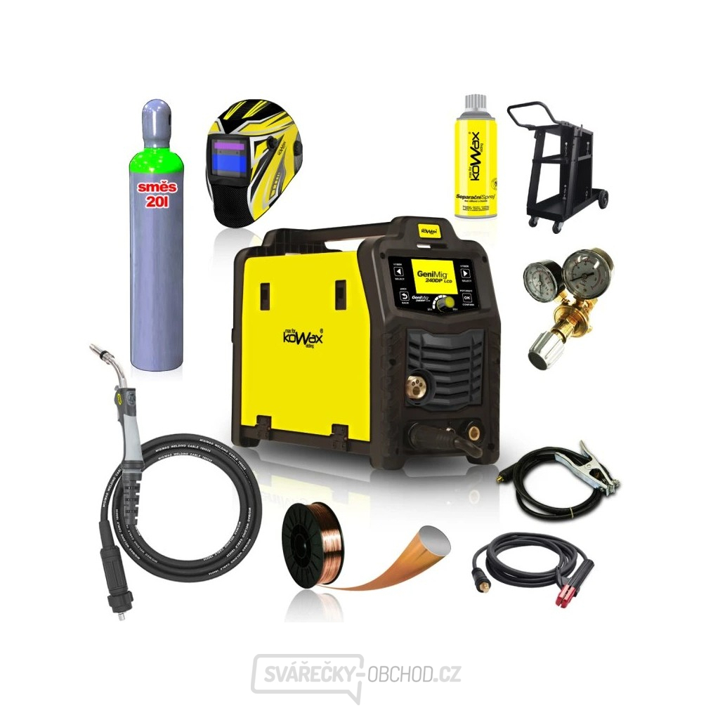 KOWAX GeniMig®240DP LCD + Hořák + Kukla + Ventil + Podvozek + Plná Láhev MIX C18 20L + Sprej + 5kg drát + Kabely
